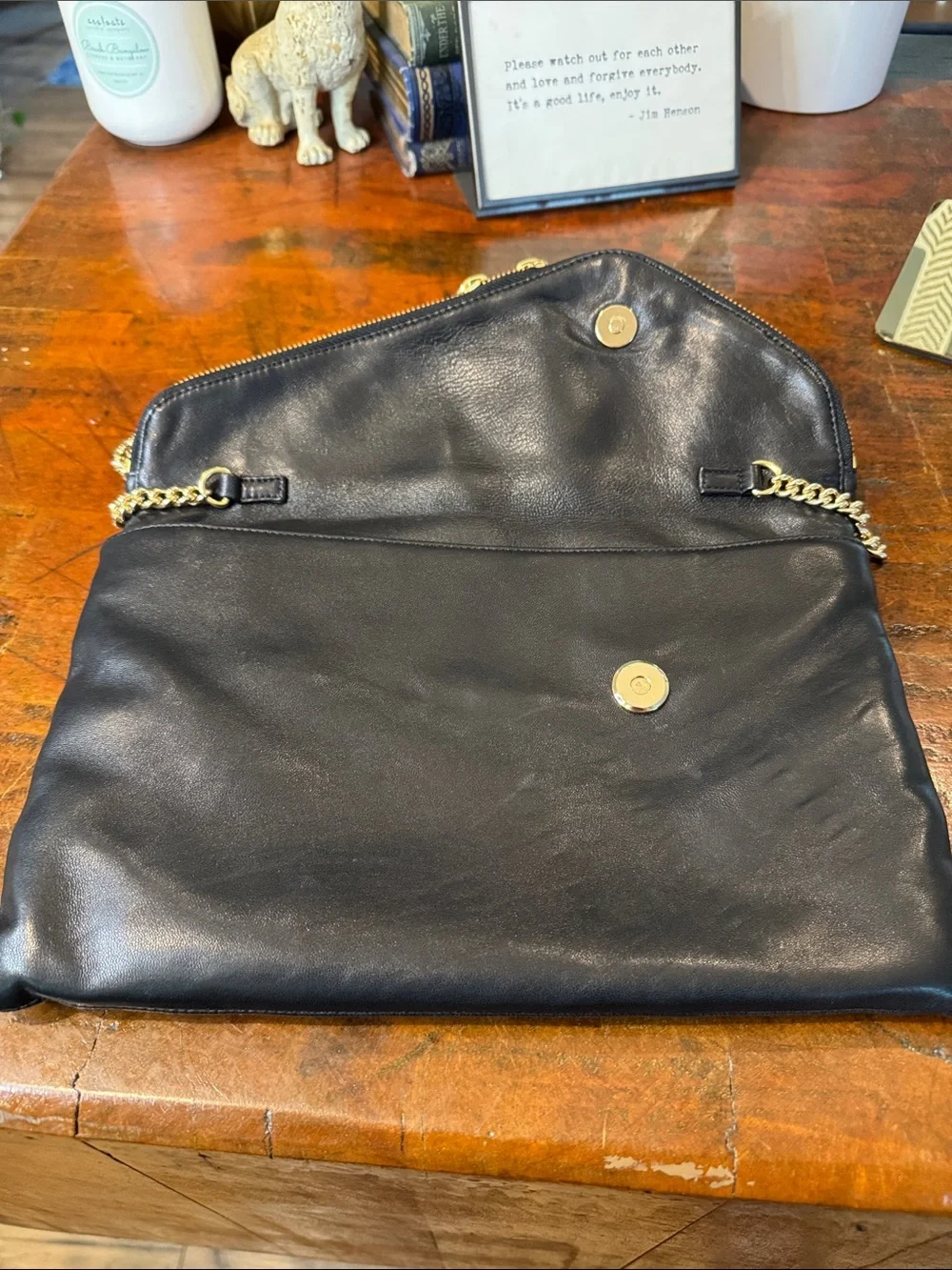 henri bendel Black Leather Fold-Over Clutch with Gold Chain